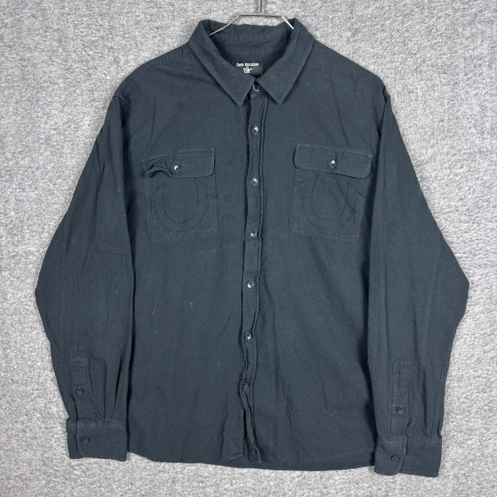 True Religion Shirt Mens XXL Black Utility Flannel Long Sleeve Button Western